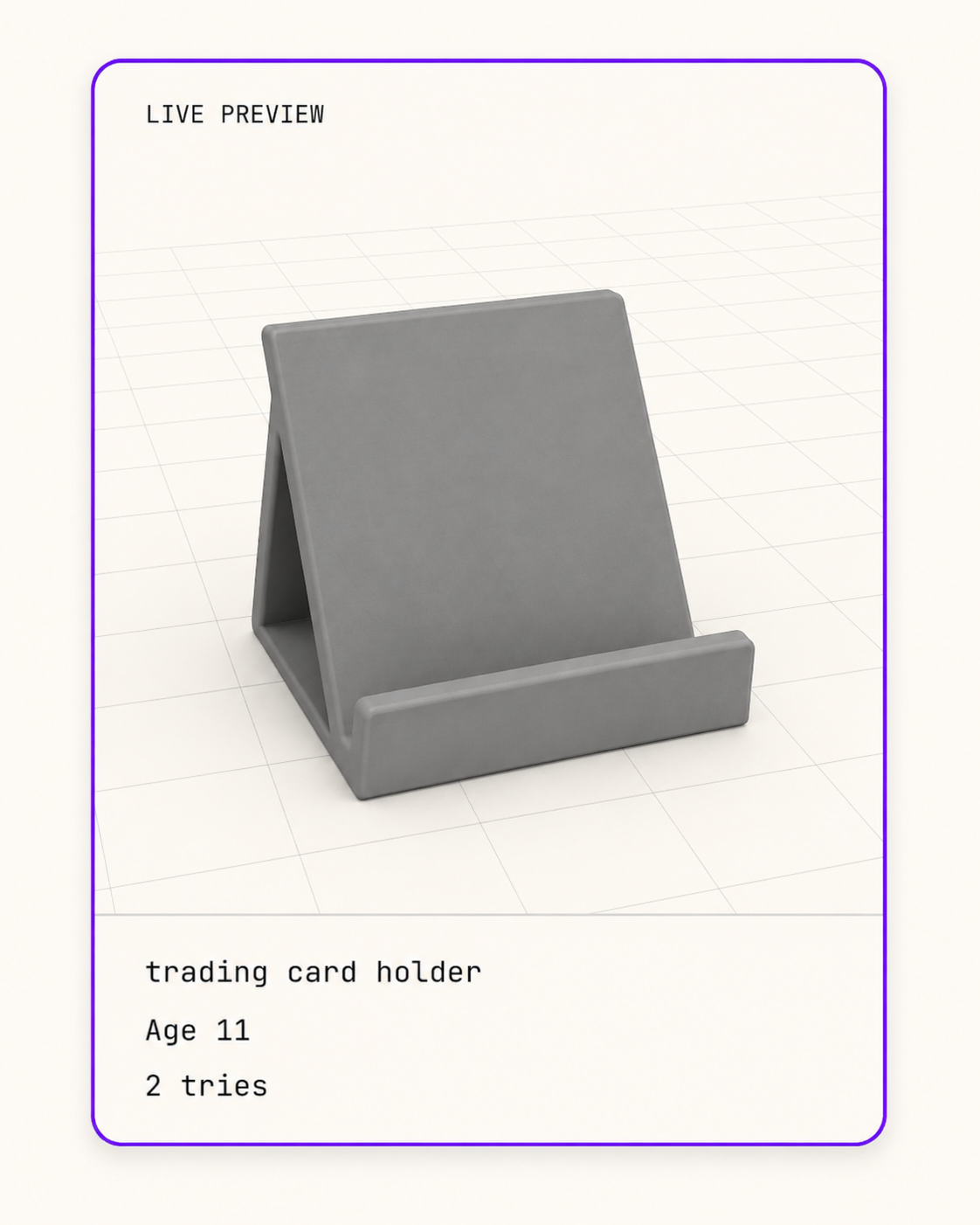Live preview card for a trading card holder, age 11, two tries.