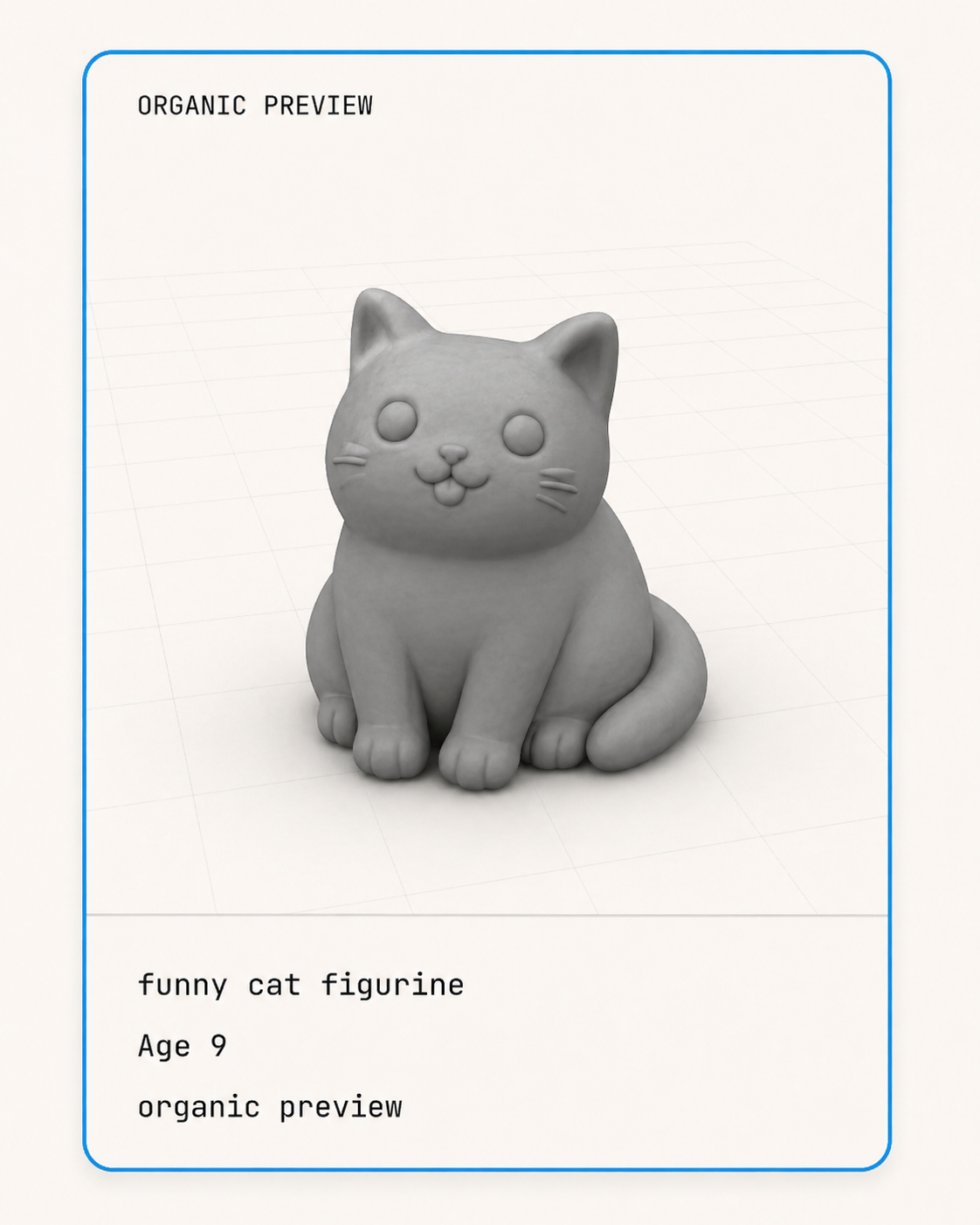 Organic preview card for a funny cat figurine, age 9.