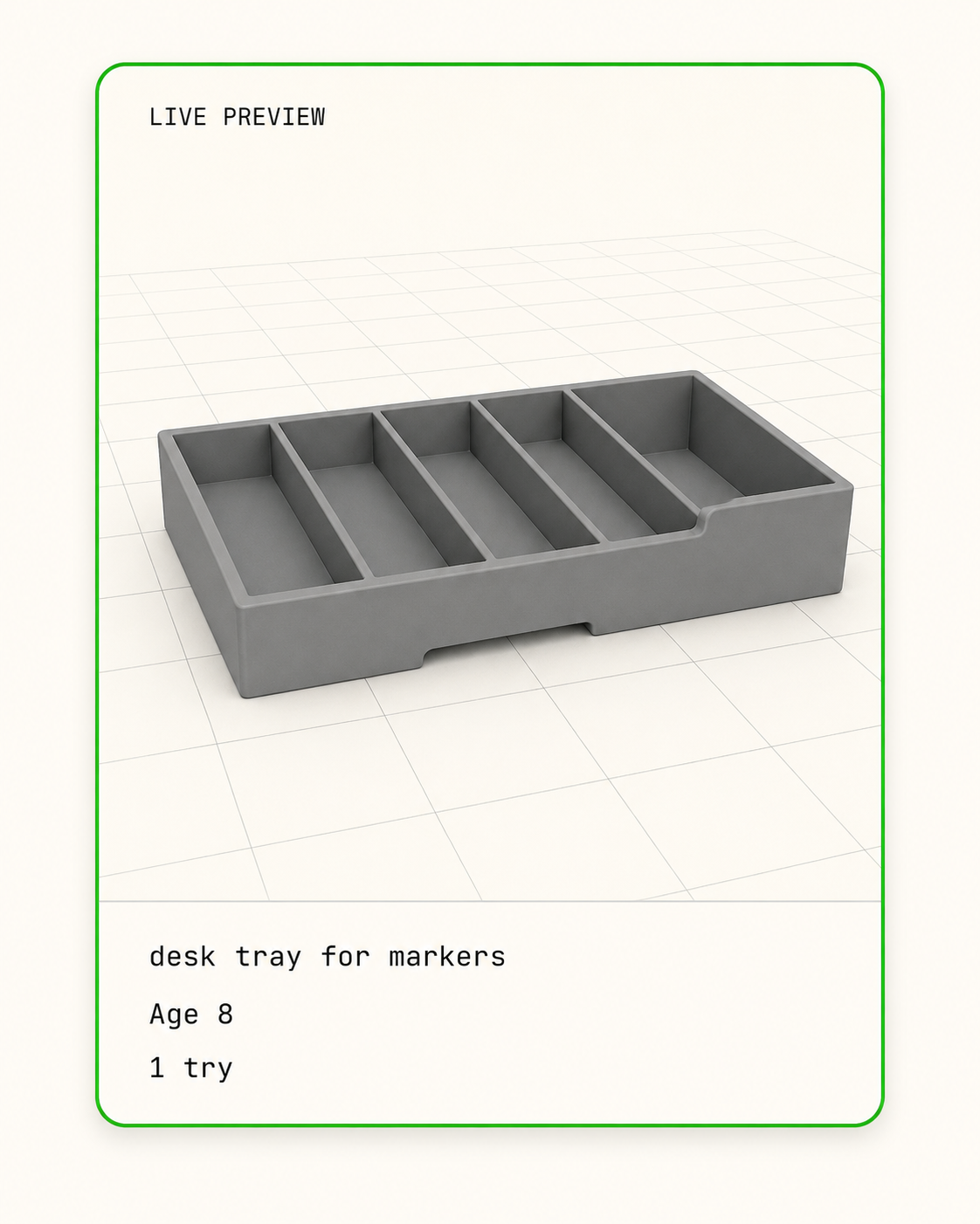 Live preview card for a desk tray for markers, age 8, one try.