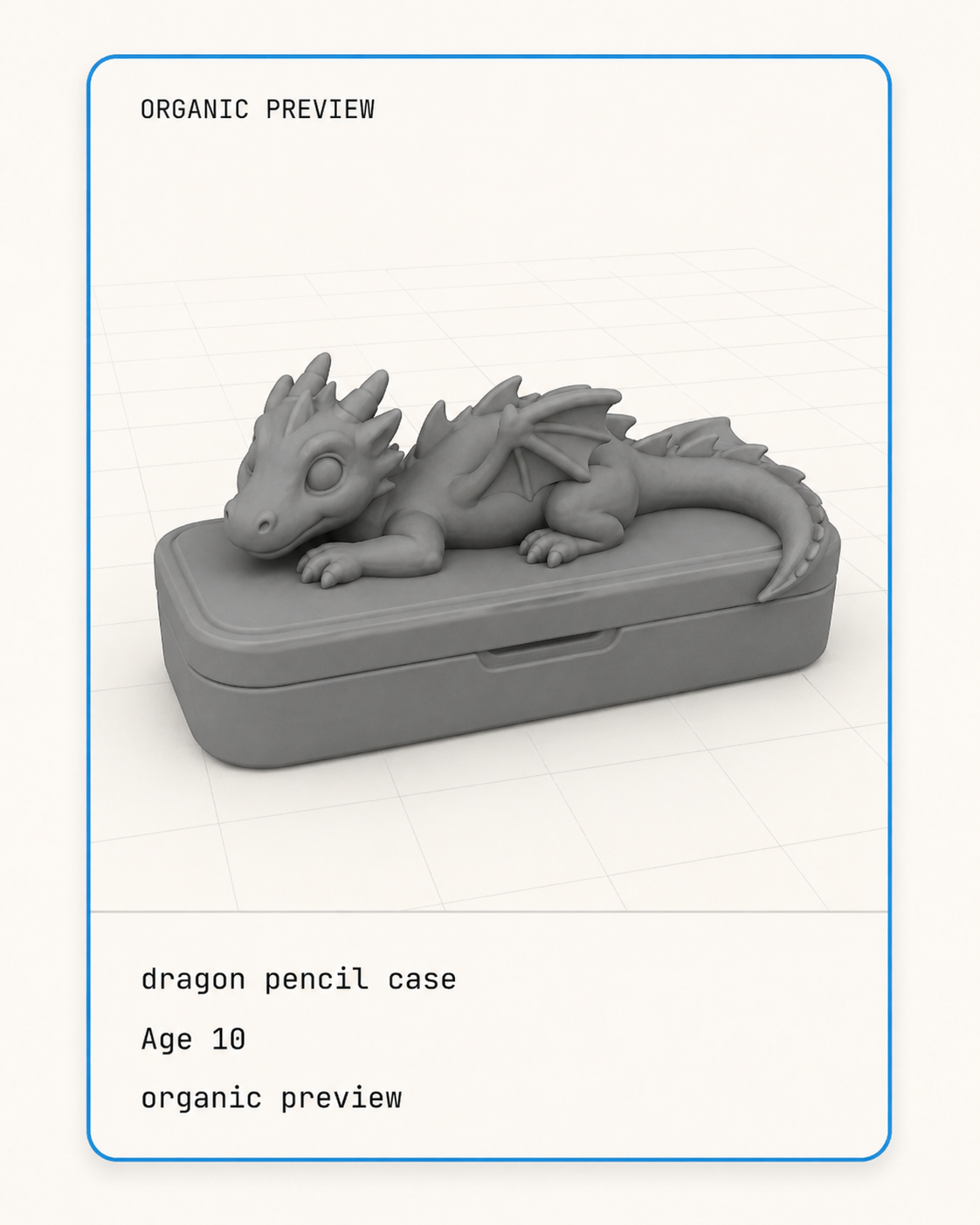Organic preview card for a dragon pencil case, age 10.