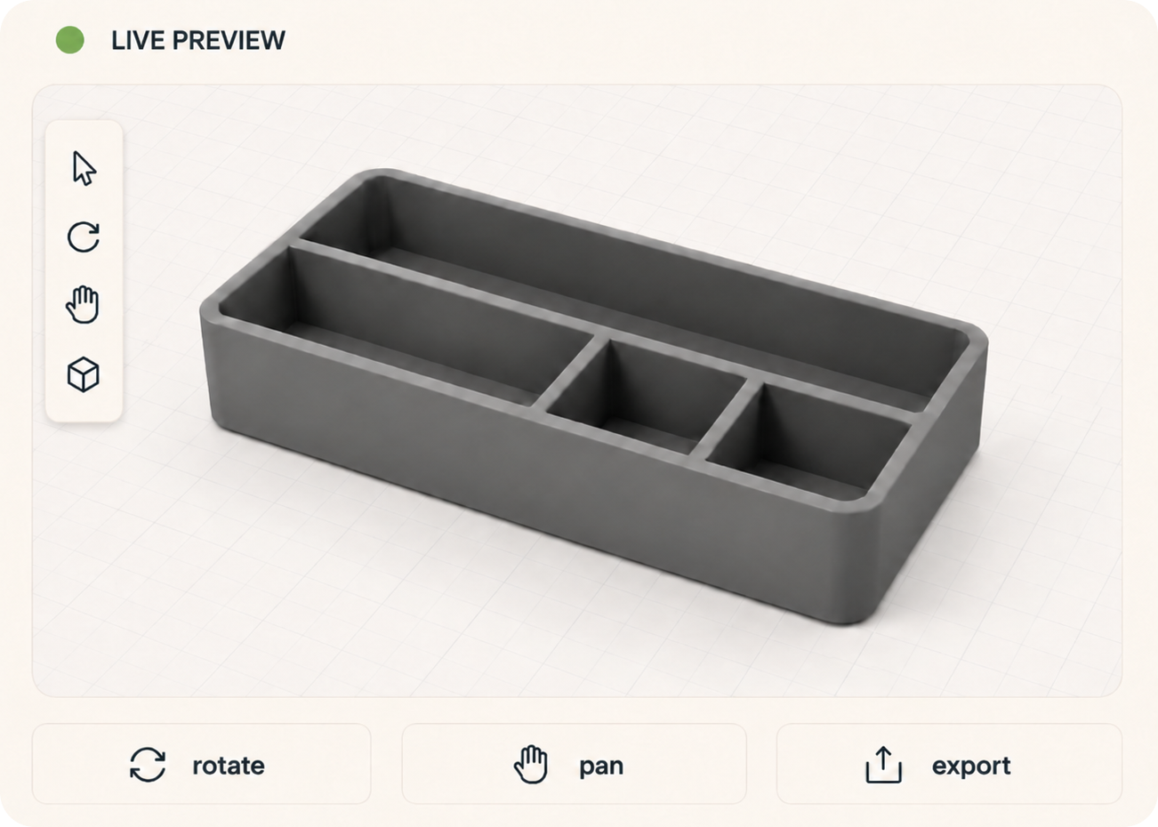An Oriform live preview card showing a grey 3D desk tray model.